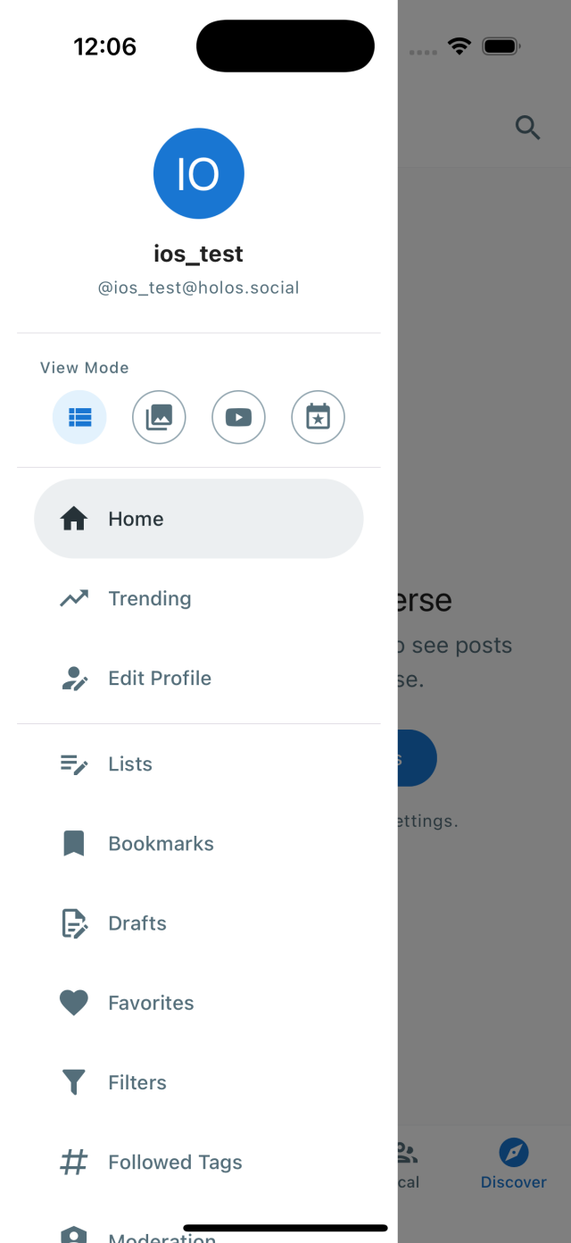 Screenshot of the Holos app side menu showing the first account created on iPhone, with navigation entries like Home, Trending, Lists, Bookmarks, and more.
