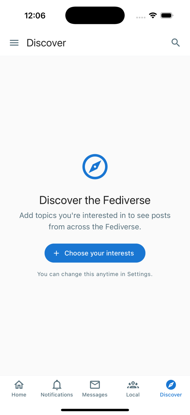 The Discover tab inviting the user to choose topics of interest to see posts from across the Fediverse.