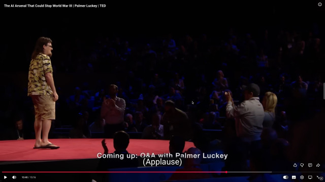 Palmer Luckey receiving a standing ovation after his TED talk.