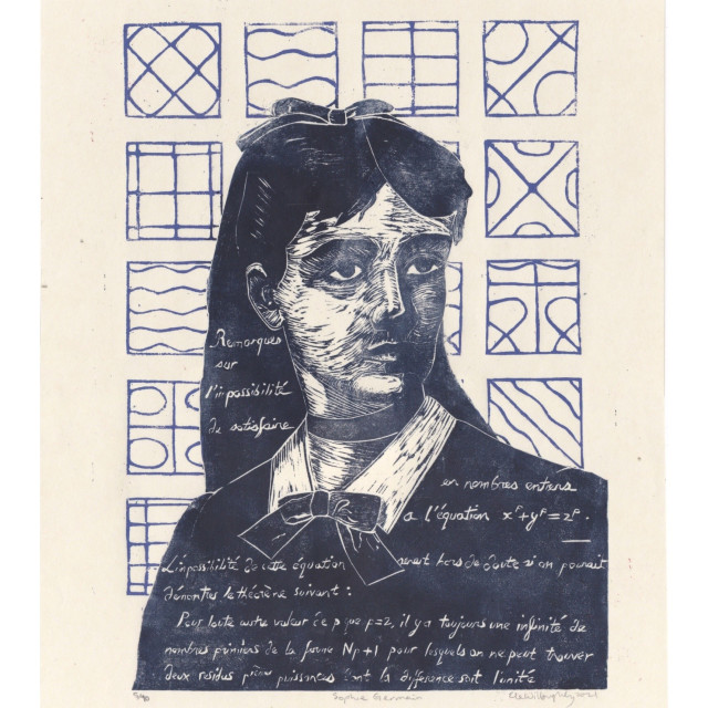 Linocut of Sophie Germain (a young woman in with a collar with bow, under a dark dress, with a ribbon tied around her neck, long hair with centre part, half tied up with a ribbon in her hair). She is printed in dark blue with her own words about Fermat's Last Theorem in her own script carved into her hair and dress). Behind her in lavender is a grid of Chladni figures.