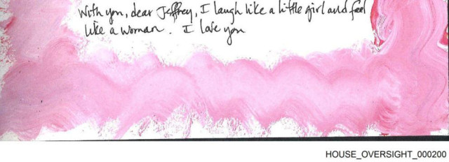 Screenshot of the final sentence on page 200 of the birthday book in the Epstein Files (HOUSE_OVERSIGHT_000200). It reads: "With you, dear Jeffrey, I laugh like a little girl and feel like a woman. I love you."  The letter is framed by hand-painted pink watercolor brushstrokes.