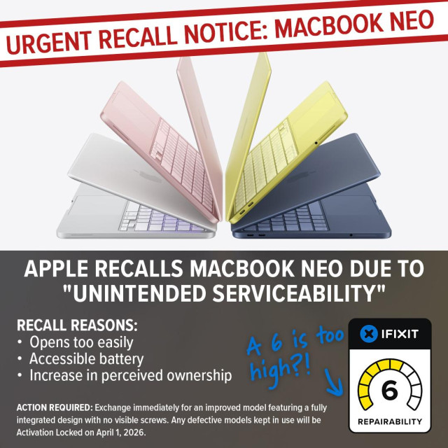 Satirical graphic showing colorful MacBook Neo laptops with a bold banner reading “Urgent Recall Notice,” claiming Apple is recalling the device due to “unintended serviceability,” with humorous reasons like easy access and an iFixit repairability score of 6.