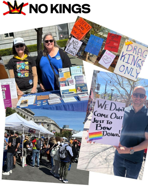 A collage of photos from No Kings 3 showing LWVSF volunteers tabling and making protest signs.