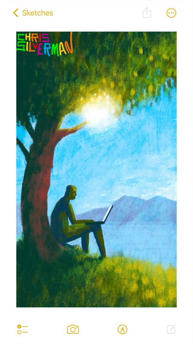 A person sits under a tree on a bright sunny day, working at a laptop. The person is sitting on a lush green hill. Above, the sunlight blazes through the leaves, producing a white-yellow glow. In the distance, a purple mountain range sits under a blue sky. This is an interpretation of Apple Computer's first logo, featuring Isaac Newton. The painting is signed "Chris Silverman" in rainbow lettering.