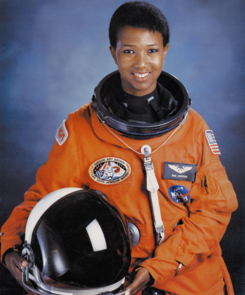 Dr Mae Jemison first female black astronaut in her Orange jump suit with her helmet. https://en.wikipedia.org/wiki/Mae_Jemison