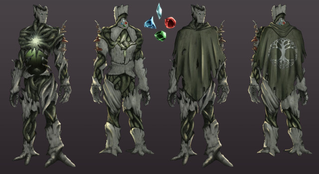 A character turn-around sheet featuring a humanoid tree with a glowing core in their chest and 4 colored gems (white, blue, red and green)