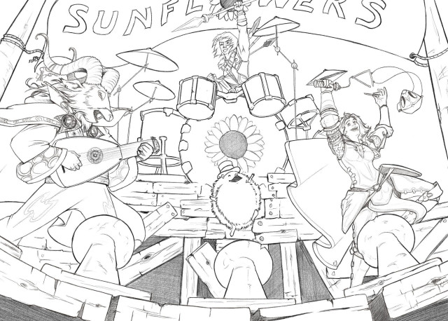 A scene showing a fantasy rock band, comprised of a sheep-like humanoid bard playing the luth, a halfling ranger playing drums and a human cleric playing the triangle. In the center there's a jumping hedgehog wearing a hat