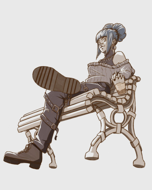 an illustration of a sligthtly goth-like girl with blue hair in a bun, sitting on a bench and holding some boba tea