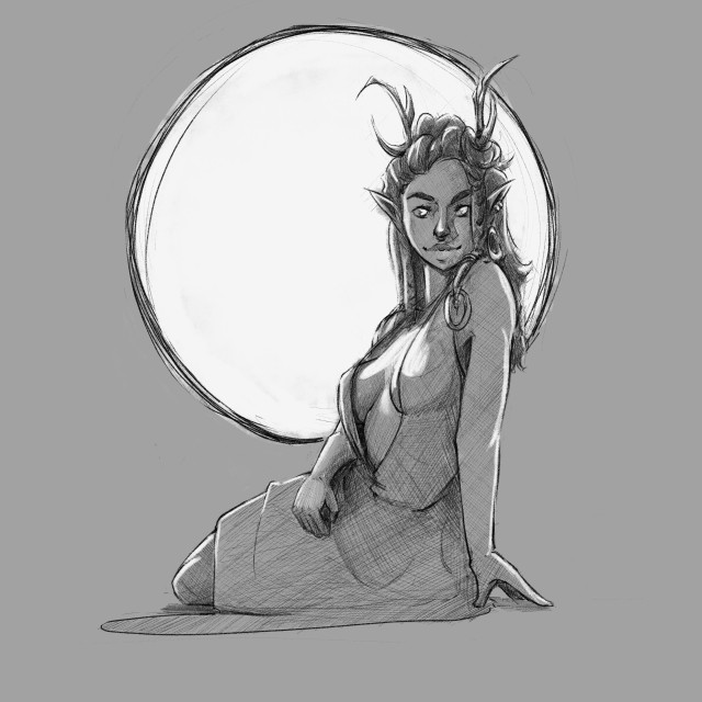 a black and white drawing of a woman with thin horn laying-sitting in front of a full moon