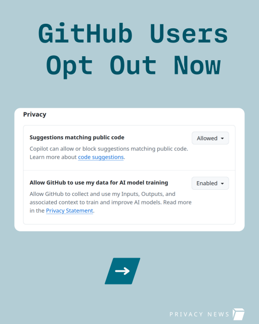 GitHub users -Opt out now. Screenshot of GitHub CoPilot Privacy Settings. Allow GitHub to use my data to for AI model training. 