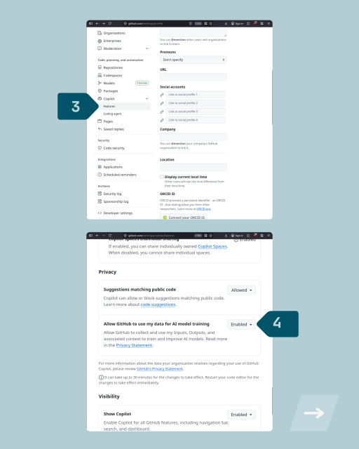 Features --> Privacy ---> Under Allow GitHub to use my data for AI model training -→ Click enabled.