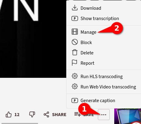 The menu of a PeerTube video. The "manage" button let you access to the video management page.