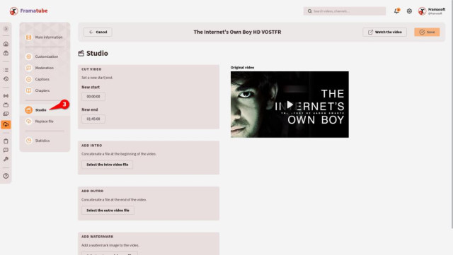 The video management page.
The "studio" button lets you access to the video studio.