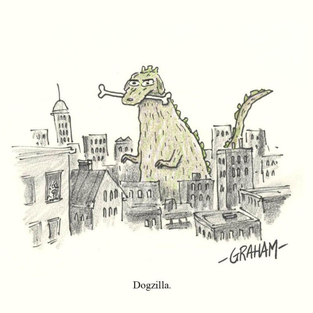 A cartoon illustration of a dog version of Godzilla standing in the middle of a city with a bone in its mouth. Caption reads "Dogzilla"