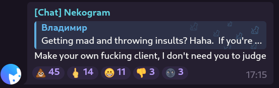 Nekogram developer arguing immediately after the spyware scandal.