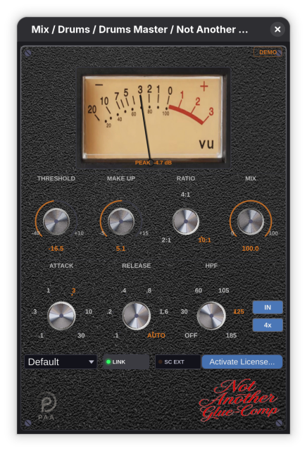 Not Another Glue-Comp plugin UI in demo mode.