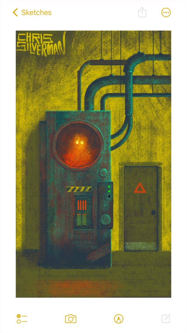 A dingy room with a yellow wall. Dominating the room is a giant metal box, the size of an enormous refrigerator or furnace. It's the greenish blue color of corroded copper. On the front of it is a round portal, revealing the head of a flaming figure inside. The figure is a fiery orange with blazing yellow eyes. There are a few controls and lights on the front of the box. Numerous pipes, the same color as the box, lead out of the box and up to the ceiling. To the right of the box is a door with a red triangle on it. The painting is signed "Chris Silverman".