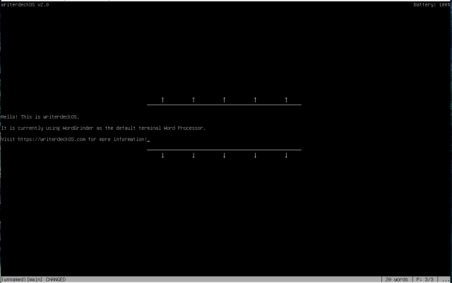 Screenshot of writerdeck OS with Word Grinder loaded. The text on the screen states: Hello! This is writerdeck OS. It is currently using word grinder as the default terminal word processor. Visit https://writerdeckOS.com for more information!