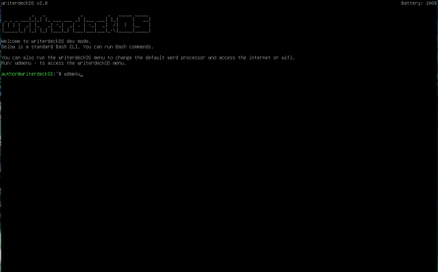 A bash prompt showing that wdmenu can be run to bring up the custom OS menu.