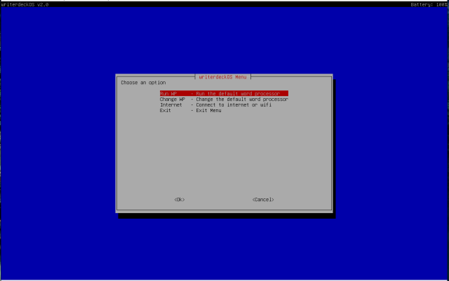 A screenshot of the menu showing the ability to change the word processor thats loaded at startup and to run the network manager terminal user interface.