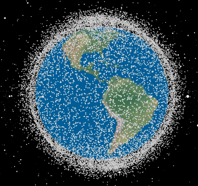 Visualization of satellites and debris around LEO.
The dots representing satellites are not to scale and appear much larger than reality.