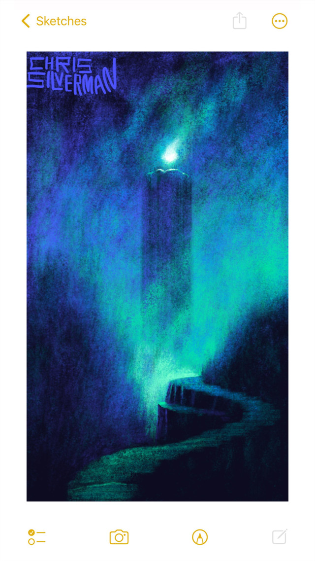 An otherworldly scene: a winding, rocky path carved out of rock, surrounded on both sides by indeterminate foliage. This is a mostly dark indigo scene with greenish fog rising ahead of the path. Looming up from the fog is a huge rocky pillar with a glowing white light at the top. Fog hangs in the air. The painting is signed "Chris Silverman".