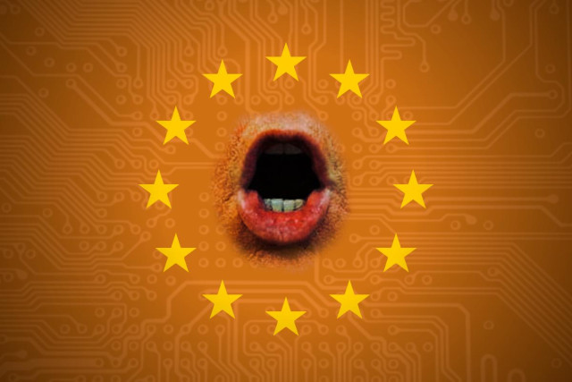 The EU flag. The field has been turned from blue to orange. In the center of the circle of stars is Trump's open, hooting gob. Behind the orange field we see the faded traces of a printed circuit board.