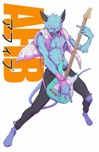 my blue cat OC Afib and his super long guitar Ariel. 
he's striking a rocker pose as he strums her strings. 
his name in both English and katakana are behind him decoratively. 