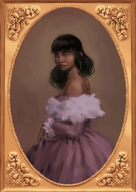 A royal portrait painting of my OC Celdervinn as she was 16 years old. She is wearing a lilac ball dress and expensive jewellery. Her arms are elegantly crossed in front of her, one hand holding up her dress. Her look at the camera is calm and neutral. The painting is put into an intricate golden frame with ornaments in each corner.

She would never have posed or worn a dress like this, if had been up to her. She's still mad about it.