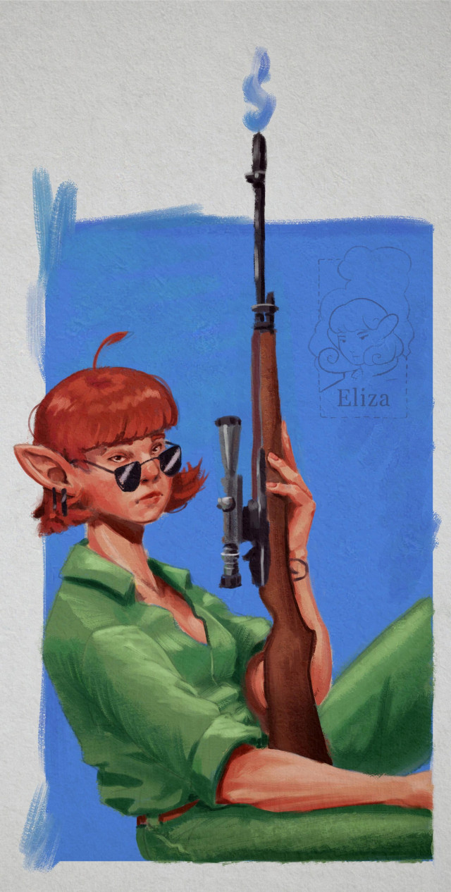 A painting of a moody / sleepy elf sitting in a frame with a M21 rifle propped up on her leg pointing to the sky. She's wearing military uniform and sunglasses, looking all cool. There's a bit of smoke coming out of the tip of the gun.
This is a commissioned work.