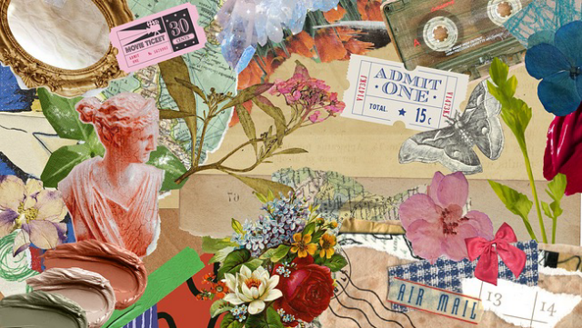 Digital collage comprised of various papers, floral cutouts, tickets, and a statue bust.