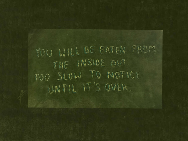 “you will be eaten from the inside out too slow to notice until it’s over” embroidered on green velvet.