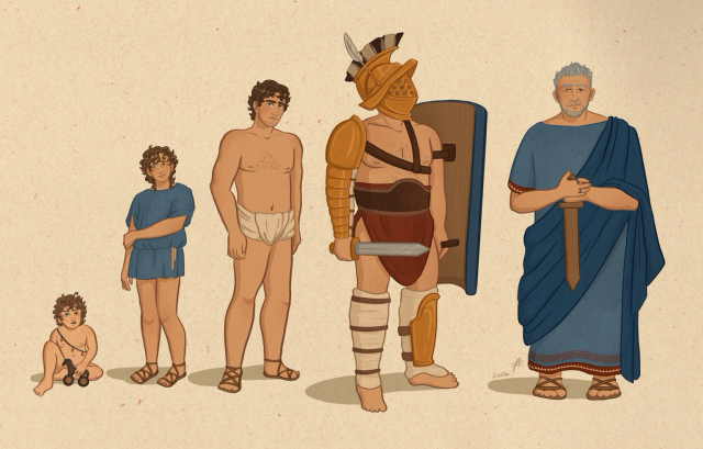 An age progression illustration of my OC Caspian starting as a toddler and growing into a Roman gladiator, then into retirement from the games.
