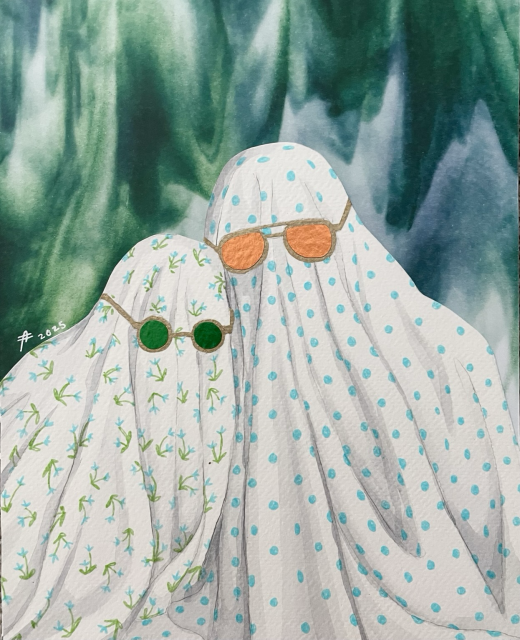Watercolor painting of two sheet ghosts wearing sunglasses and leaning on each other. One has a blue flower print and the other has blue polka dots. The background is a marbled green and blue paper.