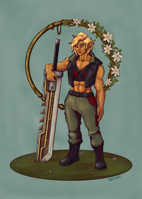 A digital art portrait of an elf Barbarian/Blood Hunter named “Flare”. She has copper skin, blonde hair, and red eyes. Her arms have wires running under the skin. She’s wearing a black vest, a red and black sports bra like top, and army green pants with red accents.

She has an arm around her giant, sentient, Final-Fantasy-7-ironing-board-sized-sword, like it’s her buddy at Girl Scout camp. The sword’s name is Angie. He is silver and copper with lines of gold running through it in a vaguely techy way. It’s an extremely ridiculous design, with some totally stupid/cool copper hacksaw teeth on the backside.

Behind them hovers a corroded gold ring representing Angie. The half behind Flare is covered in vines growing large white clematis flowers which her family uses in their signet ring. The vines wind halfway across the ring and then die off and fade to black with red streaks on Angie’s side. It represents that he’s slowly (but unintentionally) killing Flare from the inside out. Oopsie.

The background is light blue and watercolor-y.