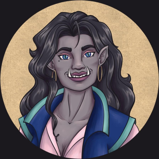 A circular player token for online TTRPG use. It’s a digital art painterly portrait of an orcish woman name Talia Ironwharf with gray skin and long, shiny, wavy black hair. A small bit of it falls in front of her face. She has a (maybe way too) bright, cheerful smile with long, sharpened tusks. Her eye color is blue/teal, and has pink eyeshadow. She wears an unlaced pink linen shirt, a blue and teal vest, and gold hoop earrings. She has a small beauty mark under her right eye. The background is a sandy yellow color.