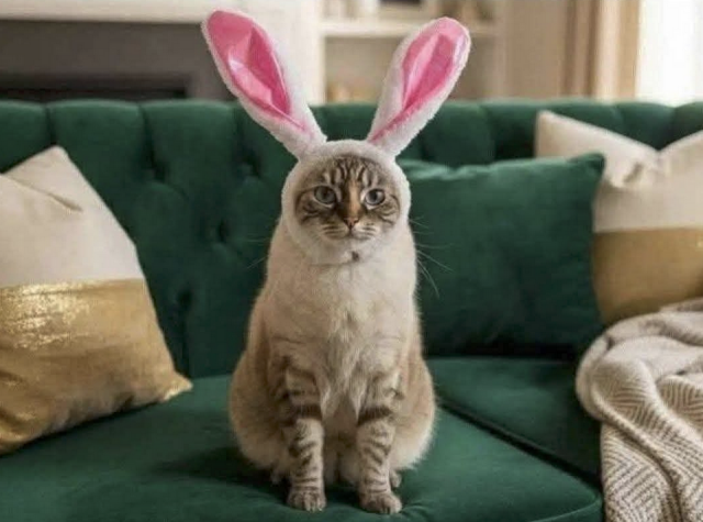 a cat sitting on a couch wearing pink bunny ears