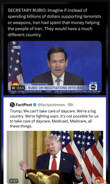 The image features two clips of American political figures discussing issues related to Iran and domestic policies. The top part includes a statement by Marco Rubio about how Iran could have benefited its people instead of funding terrorism. The bottom part includes a quote from Donald Trump expressing that the US can’t fund social services because of the war he started. 