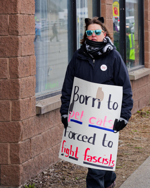 Woman with cat ear headband and mirror shades holds sign that say "Born to pet cats, forced to fight fascists"
