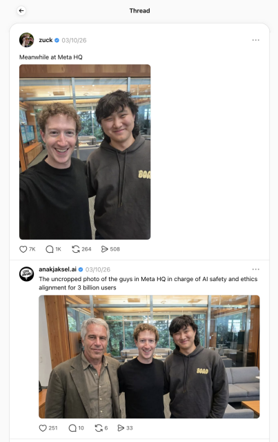 Zucker's post with the AI generated one below as first reply with him and Epstein
