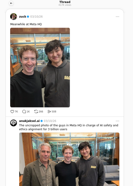 Same sort of screen shot as Stux's

Zucker's post with the AI generated one below as first reply with him and Epstein