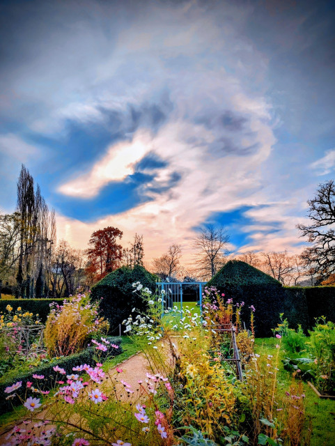 Vue du jardin potager du château de Cormatin.
En premier plan, on aperçoit des fleurs roses, jaunes, blanches qui forment des fouillis de couleur sur une herbe verte fraîchement tondue. On devine un chemin sableux qui coupe la photo en deux et conduit le regard vers une grille bleue qui ouvre vers un second parc verdoyant. On aperçoit les silhouettes élancées de nombreux arbres automnales au loin. Le ciel menaçant offre un tourbillon de nuages au travers desquels filtre le soleil. Le contraste entre le ciel et le sol est flagrant.