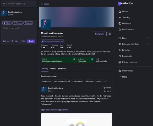 Mastodon default profile for v4.6.0, screenshot