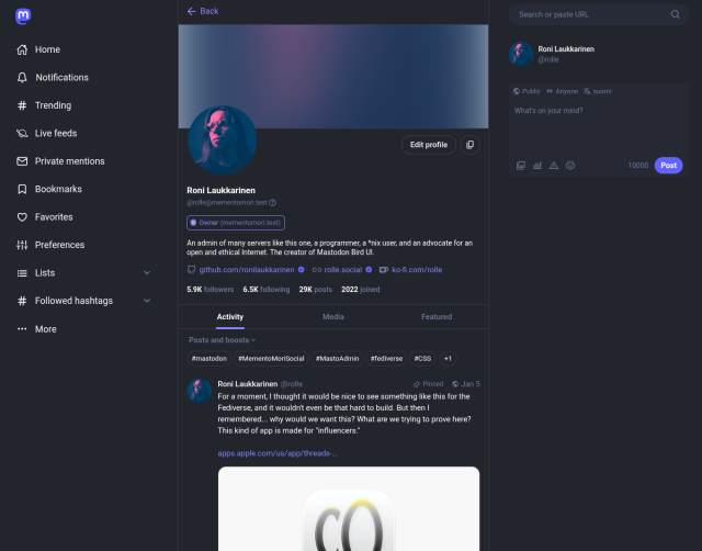 Mastodon Bird UI profile for v4.6.0, screenshot