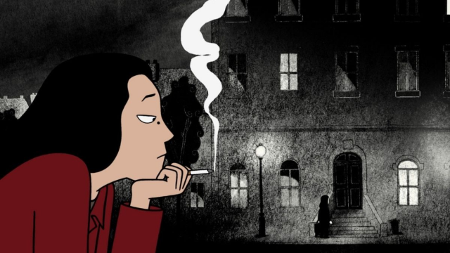 Illustration of a young woman with long black hair, sitting in a pose of contemplation with a lit cigarette in her hand, with a dark neighborhood cityscape backdrop.