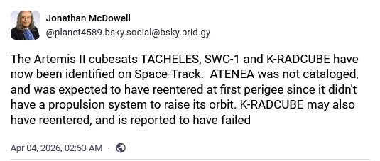 Image of post by Jonathan McDowell.

"The Artemis II cubesats TACHELES, SWC-1 and K-RADCUBE have now been identified on Space-Track.  

ATENEA was not cataloged+was expected  to have reentered at 1st perigee since it had no propulsion to raise its orbit. K-RAD may also have reentered, and is  reported to have failed."
