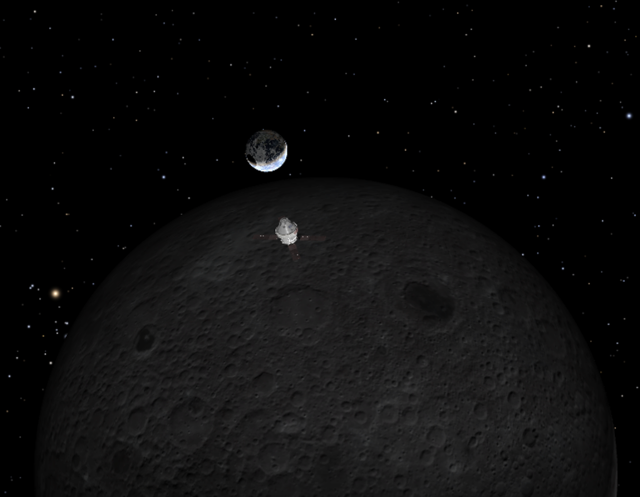 Simulated view of Orion looking at the dark far side of the moon with a crescent Earth rising over the horizon.