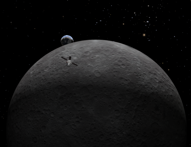 A simulated view from the Artemis II Orion spacecraft at 23:35 UTC April 6 of the crescent moon with a crescent Earth rising over the lunar limb. 