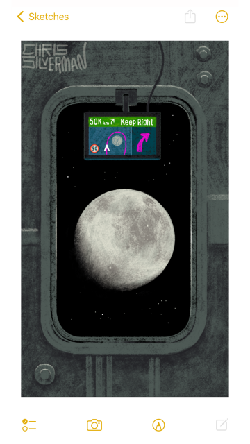 A view out the window of a spaceship. The window is tall, with rounded sides, and surrounded by a heavy metal frame. The gray wall of the spaceship, with various beams and bolts, is visible beyond the frame. Out the window is the starry black of space, with a bright white-gray moon in the center. We're pretty close to the moon. The surface shadows are sharp and visible. Clamped to the upper frame of the window is a small consumer GPS unit, the kind you'd have in your car, displaying the words "keep right" in white lettering, along with "50 thousand km". The GPS displays the usual pink route and arrows indicating how to get to the moon. In the lower left of the screen is a small round icon indicating that the local speed limit is 90km/h. Fortunately there are no cops in space, yet. Good luck out there, Artemis crew. The painting is signed "Chris Silverman".