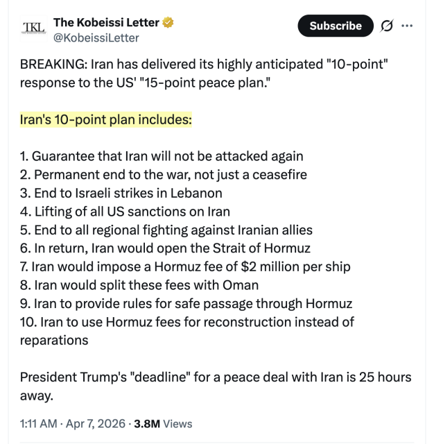 Iran's 10-point plan includes:

1. Guarantee that Iran will not be attacked again
2. Permanent end to the war, not just a ceasefire
3. End to Israeli strikes in Lebanon
4. Lifting of all US sanctions on Iran
5. End to all regional fighting against Iranian allies
6. In return, Iran would open the Strait of Hormuz
7. Iran would impose a Hormuz fee of $2 million per ship
8. Iran would split these fees with Oman
9. Iran to provide rules for safe passage through Hormuz
10. Iran to use Hormuz fees for reconstruction instead of reparations